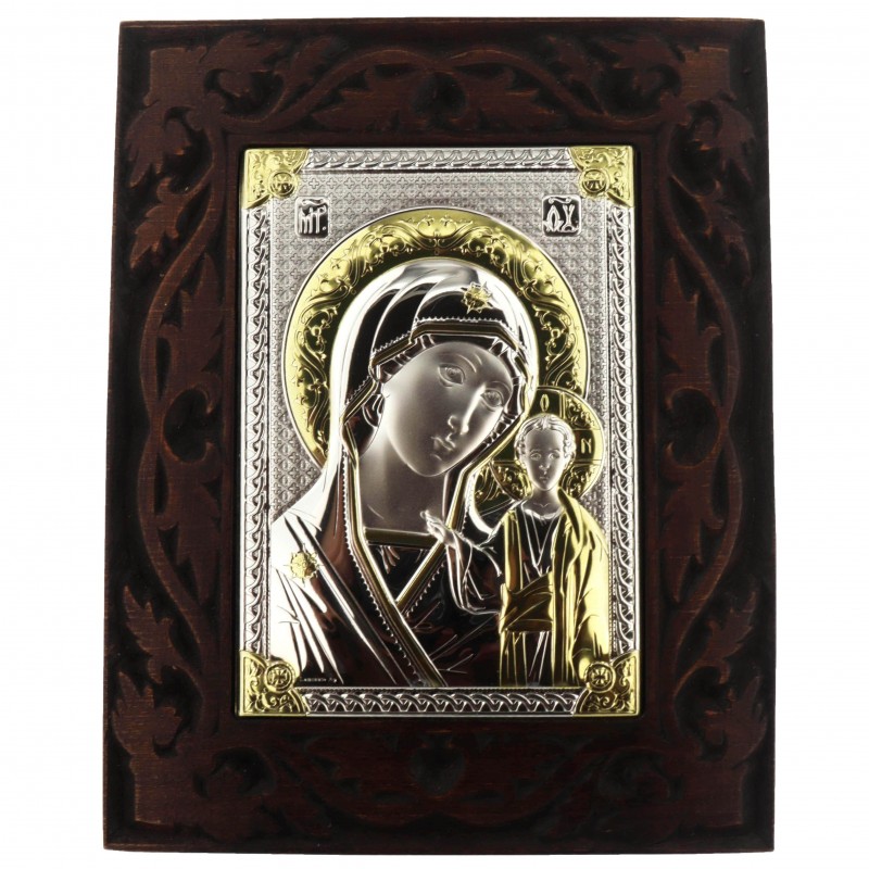 Сребърна Икона Богородица с младенец на дърворезба