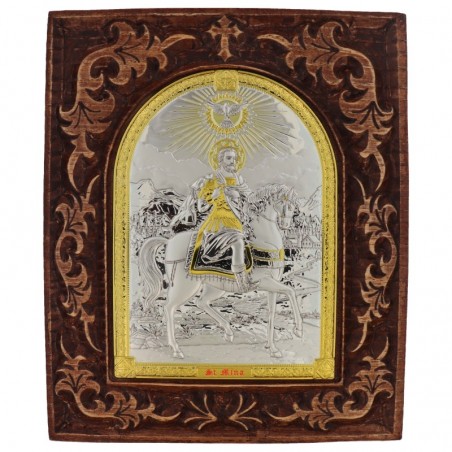 
     Сребърна Икона Свети Мина на дърворезба