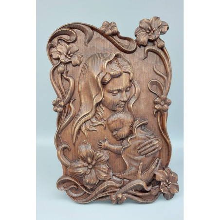 
     Икона Дърворезба - Дева Мария и младенеца с венец от калии